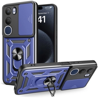 Vivo Y19s Kılıf Zırhlı Standlı Silikon Sürgülü Kamera Korumalı Tank Kapak - Mavi