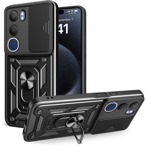 Vivo Y19s Kılıf Zırhlı Standlı Silikon Sürgülü Kamera Korumalı Tank Kapak - Mavi