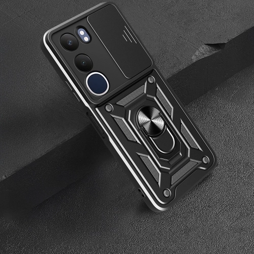 Vivo Y19s Kılıf Zırhlı Standlı Silikon Sürgülü Kamera Korumalı Tank Kapak - Mavi