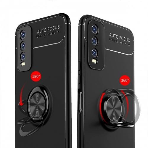 Vivo Y20s Kılıf Renkli Silikon Yüzüklü Standlı Auto Focus Ravel Kapak - Siyah