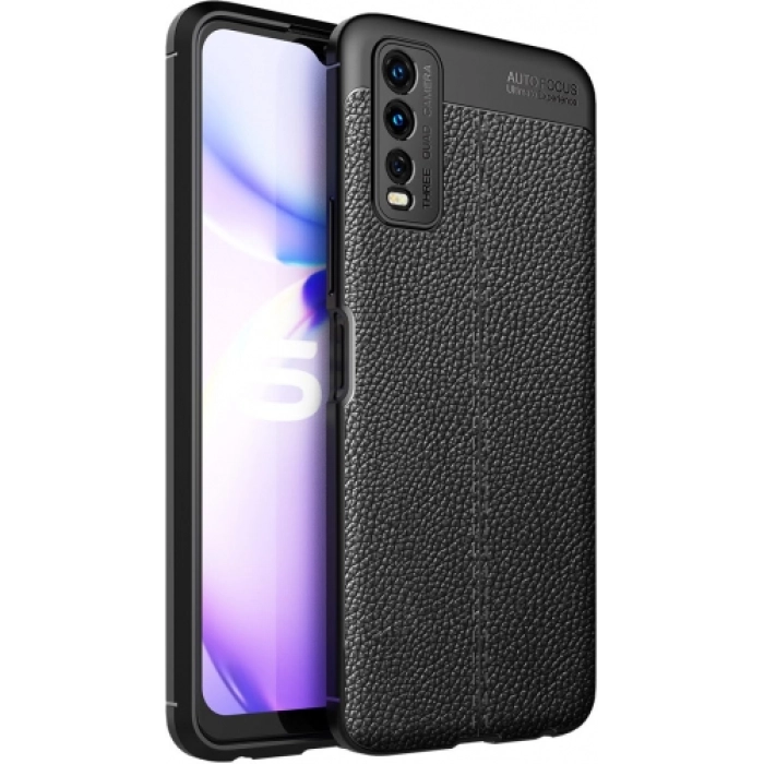 Vivo Y20s Kılıf Deri Görünümlü Lüks Parmak İzi Bırakmaz Niss Silikon Kapak - Siyah