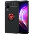 Vivo Y21 Kılıf Renkli Silikon Yüzüklü Standlı Auto Focus Ravel Kapak - Kırmızı - Siyah