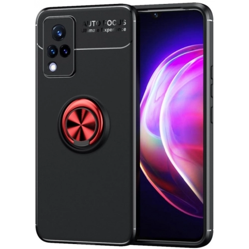 Vivo Y21 Kılıf Renkli Silikon Yüzüklü Standlı Auto Focus Ravel Kapak - Kırmızı - Siyah