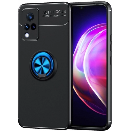 Vivo Y21 Kılıf Renkli Silikon Yüzüklü Standlı Auto Focus Ravel Kapak - Mavi - Siyah