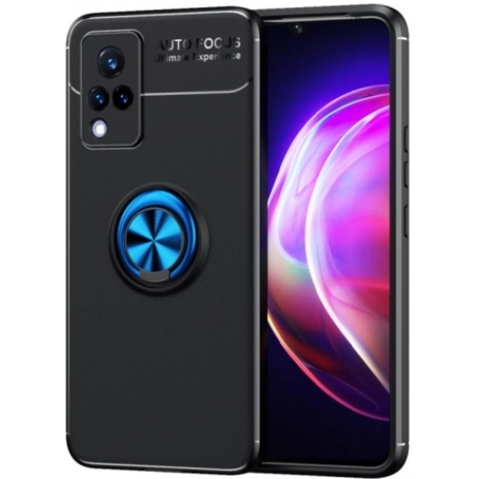 Vivo Y21 Kılıf Renkli Silikon Yüzüklü Standlı Auto Focus Ravel Kapak - Mavi - Siyah