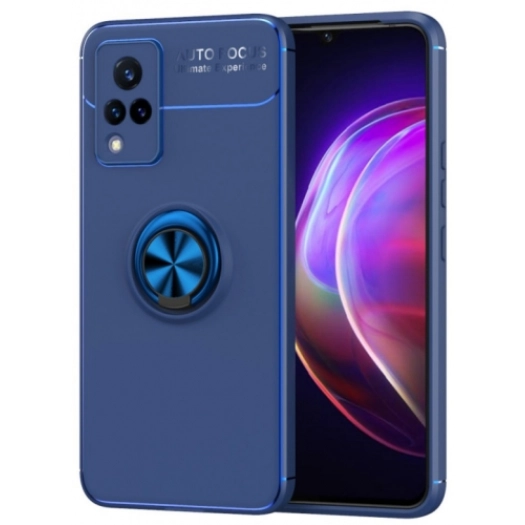 Vivo Y21 Kılıf Renkli Silikon Yüzüklü Standlı Auto Focus Ravel Kapak - Mavi