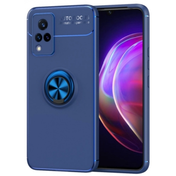 Vivo Y21 Kılıf Renkli Silikon Yüzüklü Standlı Auto Focus Ravel Kapak - Mavi
