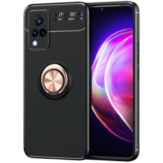 Vivo Y21 Kılıf Renkli Silikon Yüzüklü Standlı Auto Focus Ravel Kapak - Rose Gold