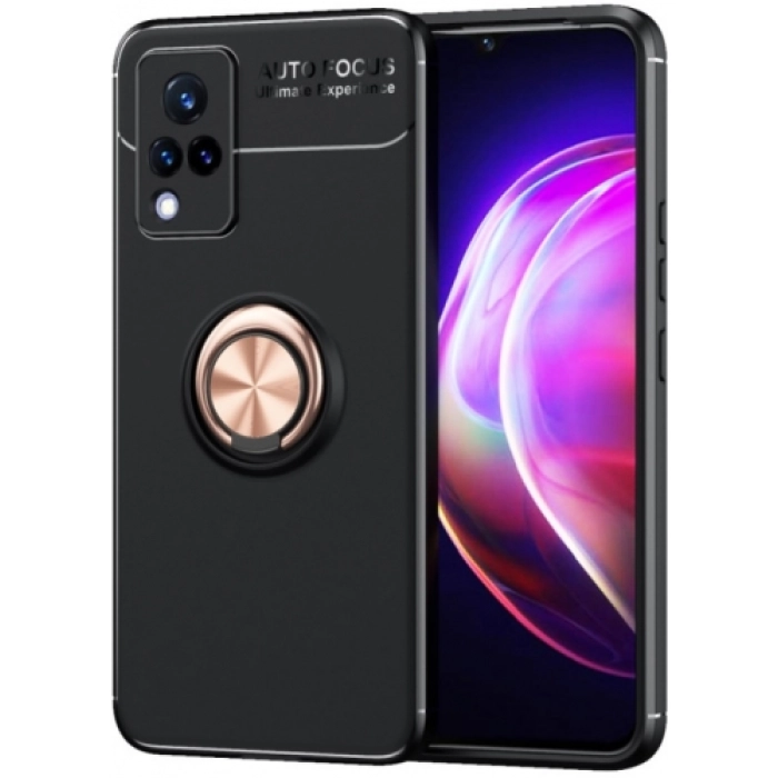 Vivo Y21 Kılıf Renkli Silikon Yüzüklü Standlı Auto Focus Ravel Kapak - Rose Gold