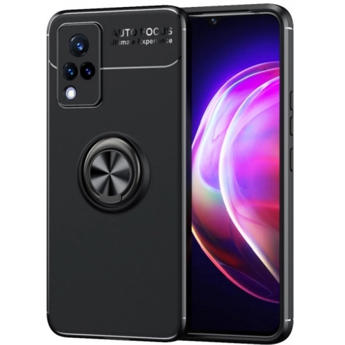 Vivo Y21 Kılıf Renkli Silikon Yüzüklü Standlı Auto Focus Ravel Kapak - Siyah