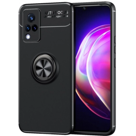 Vivo Y21 Kılıf Renkli Silikon Yüzüklü Standlı Auto Focus Ravel Kapak - Siyah
