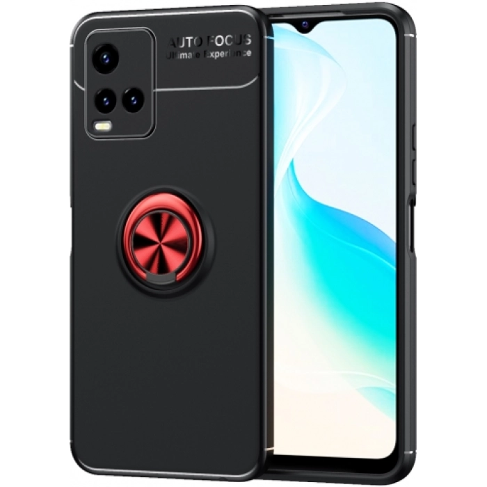 Vivo Y21s Kılıf Renkli Silikon Yüzüklü Standlı Auto Focus Ravel Kapak - Kırmızı - Siyah
