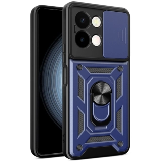 Vivo Y28 Kılıf Zırhlı Standlı Silikon Sürgülü Kamera Korumalı Tank Kapak - Mavi