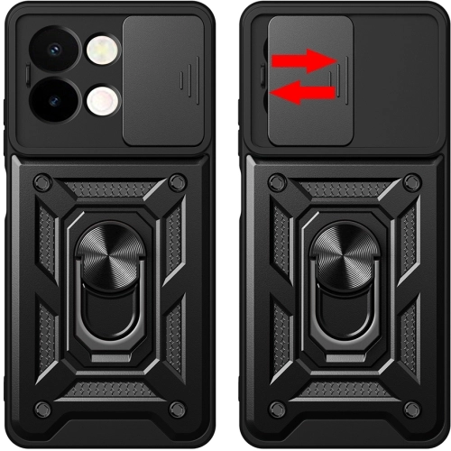 Vivo Y28 Kılıf Zırhlı Standlı Silikon Sürgülü Kamera Korumalı Tank Kapak - Siyah