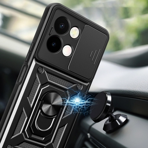 Vivo Y28 Kılıf Zırhlı Standlı Silikon Sürgülü Kamera Korumalı Tank Kapak - Siyah