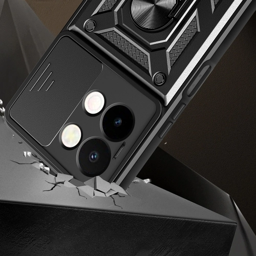 Vivo Y28 Kılıf Zırhlı Standlı Silikon Sürgülü Kamera Korumalı Tank Kapak - Siyah