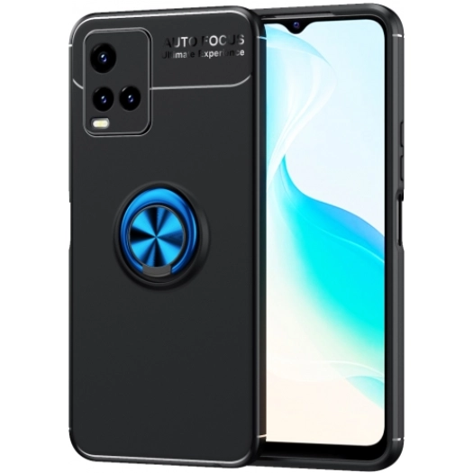 Vivo Y32 Kılıf Renkli Silikon Yüzüklü Standlı Auto Focus Ravel Kapak - Mavi - Siyah