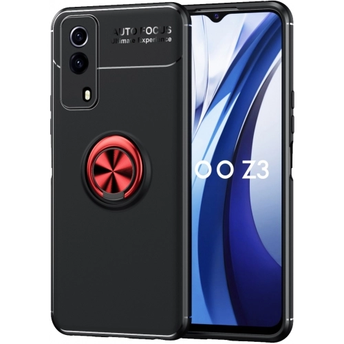 Vivo Y53s Kılıf Renkli Silikon Yüzüklü Standlı Auto Focus Ravel Kapak - Kırmızı - Siyah