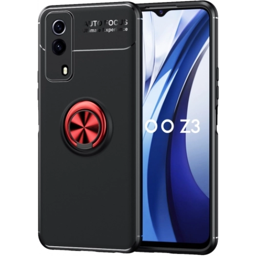 Vivo Y53s Kılıf Renkli Silikon Yüzüklü Standlı Auto Focus Ravel Kapak - Kırmızı - Siyah