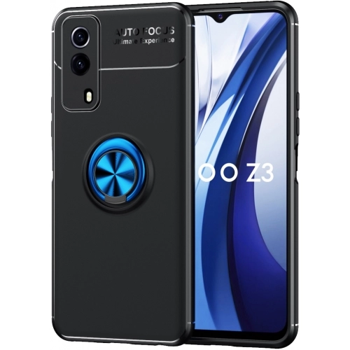 Vivo Y53s Kılıf Renkli Silikon Yüzüklü Standlı Auto Focus Ravel Kapak - Mavi - Siyah