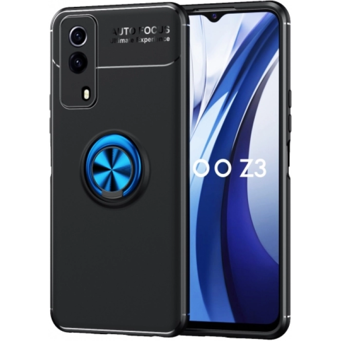 Vivo Y53s Kılıf Renkli Silikon Yüzüklü Standlı Auto Focus Ravel Kapak - Mavi - Siyah