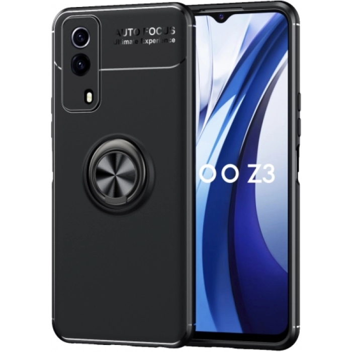 Vivo Y53s Kılıf Renkli Silikon Yüzüklü Standlı Auto Focus Ravel Kapak - Siyah
