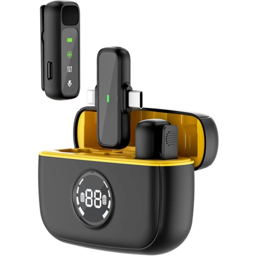 Wiwu Wi-WM003 Dijital LED Göstergeli Type-C & Lightning Portlu Çift Kablosuz Yaka Mikrofonu - Siyah