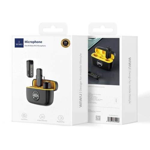 Wiwu Wi-WM003 Dijital LED Göstergeli Type-C & Lightning Portlu Çift Kablosuz Yaka Mikrofonu - Siyah