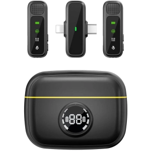 Wiwu Wi-WM003 Dijital LED Göstergeli Type-C & Lightning Portlu Çift Kablosuz Yaka Mikrofonu - Siyah