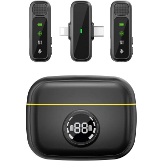 Wiwu Wi-WM003 Dijital LED Göstergeli Type-C & Lightning Portlu Çift Kablosuz Yaka Mikrofonu - Siyah