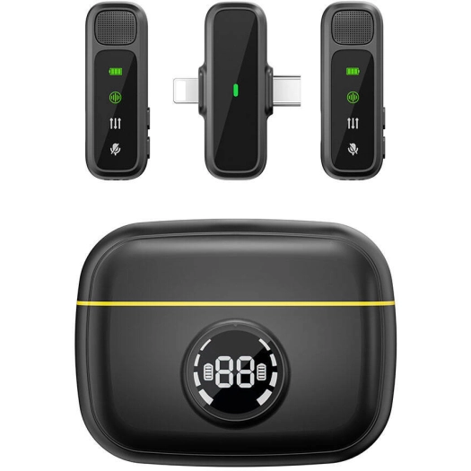 Wiwu Wi-WM003 Dijital LED Göstergeli Type-C & Lightning Portlu Çift Kablosuz Yaka Mikrofonu - Siyah