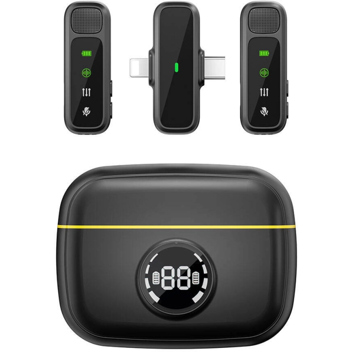 Wiwu Wi-WM003 Dijital LED Göstergeli Type-C & Lightning Portlu Çift Kablosuz Yaka Mikrofonu - Siyah