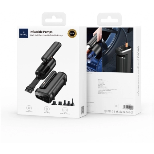 Wiwu Wi-Ai002 5in1 Oto Araç Lastik Şişirme Pompası - Oto Araç Süpürgesi - Vakum Makinesi - Fener Dijital Ekranlı Araç Hava Kompresörü - Siyah