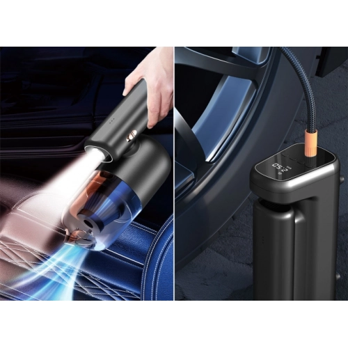 Wiwu Wi-Ai002 5in1 Oto Araç Lastik Şişirme Pompası - Oto Araç Süpürgesi - Vakum Makinesi - Fener Dijital Ekranlı Araç Hava Kompresörü - Siyah