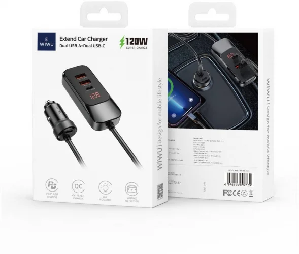 Wiwu Wi-QC015 Extend Serisi Dual Type-C + Dual USB-A Hızlı Şarj Özellikli Harici Portlu Araç Şarj Aleti 120W - Siyah