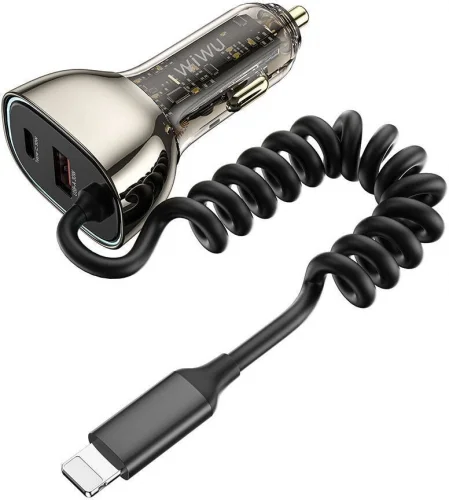 Wiwu Wi-QC019 Geek Serisi Type-C + Lightning Kablolu + USB-A Hızlı Şarj Özellikli Transparan Tasarımlı Araç Şarj Aleti 90W - Siyah