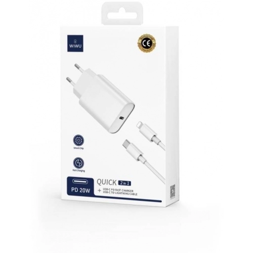 Wiwu Wi-U001 Quick 20W Tek Bağlantılı Şarj Başlığı Type-C PD to Lightning 20W Kablolu Şarj Seti - Beyaz