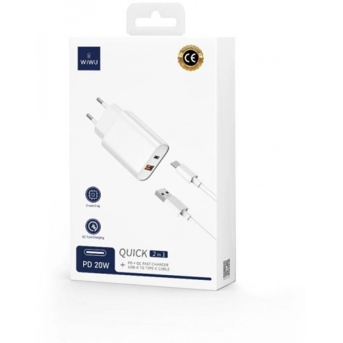 Wiwu Wi-U002 Quick Hızlı Şarj Başlığı USB-A to Type-C PD 20W Kablolu Şarj Seti - Beyaz