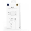Wiwu Wi-U003 Quick 2.1A Dual USB Çıkışlı USB-A Hızlı Şarj Başlığı 3in1 Kablolu Şarj Seti - Beyaz