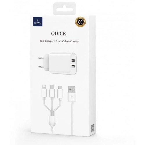 Wiwu Wi-U003 Quick 2.1A Dual USB Çıkışlı USB-A Hızlı Şarj Başlığı 3in1 Kablolu Şarj Seti - Beyaz