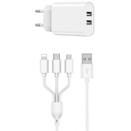 Wiwu Wi-U003 Quick 2.1A Dual USB Çıkışlı USB-A Hızlı Şarj Başlığı 3in1 Kablolu Şarj Seti - Beyaz
