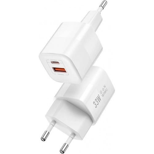 Wiwu Wi-U008 GaN Tech PD Hızlı Şarj Özellikli QC 3.0 Seyahat Şarj Başlığı 33W - Beyaz
