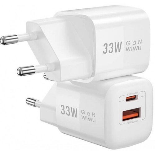 Wiwu Wi-U008 GaN Tech PD Hızlı Şarj Özellikli QC 3.0 Seyahat Şarj Başlığı 33W - Beyaz