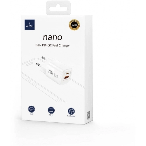 Wiwu Wi-U008 GaN Tech PD Hızlı Şarj Özellikli QC 3.0 Seyahat Şarj Başlığı 33W - Beyaz