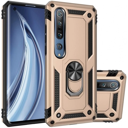 Xiaomi Mi 10 Kılıf Silikon Zırhlı Standlı Yüzüklü Mıknatıslı Tank Kapak - Gold