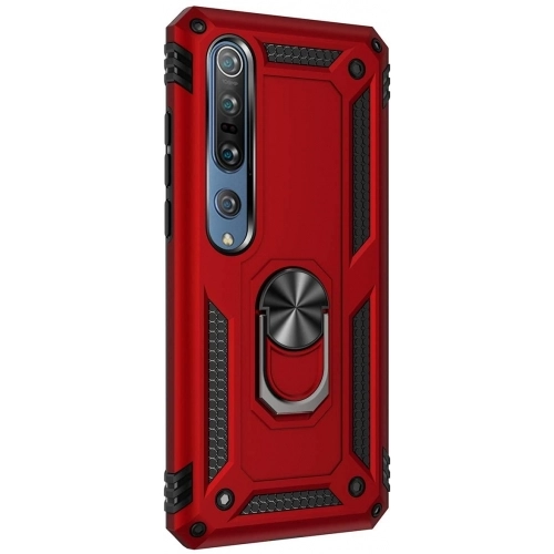 Xiaomi Mi 10 Kılıf Silikon Zırhlı Standlı Yüzüklü Mıknatıslı Tank Kapak - Kırmızı