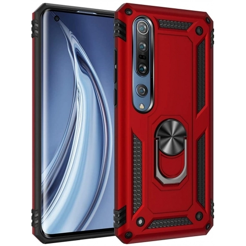 Xiaomi Mi 10 Kılıf Silikon Zırhlı Standlı Yüzüklü Mıknatıslı Tank Kapak - Kırmızı