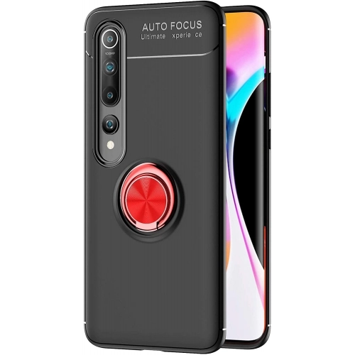 Xiaomi Mi 10 Pro Kılıf Renkli Silikon Yüzüklü Standlı Auto Focus Ravel Kapak - Kırmızı - Siyah