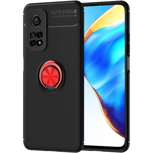 Xiaomi Mi 10T Kılıf Renkli Silikon Yüzüklü Standlı Auto Focus Ravel Kapak - Kırmızı - Siyah