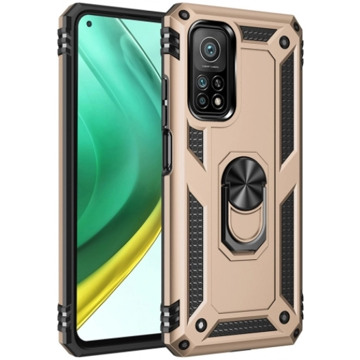 Xiaomi Mi 10T Kılıf Silikon Zırhlı Standlı Yüzüklü Mıknatıslı Tank Kapak - Gold